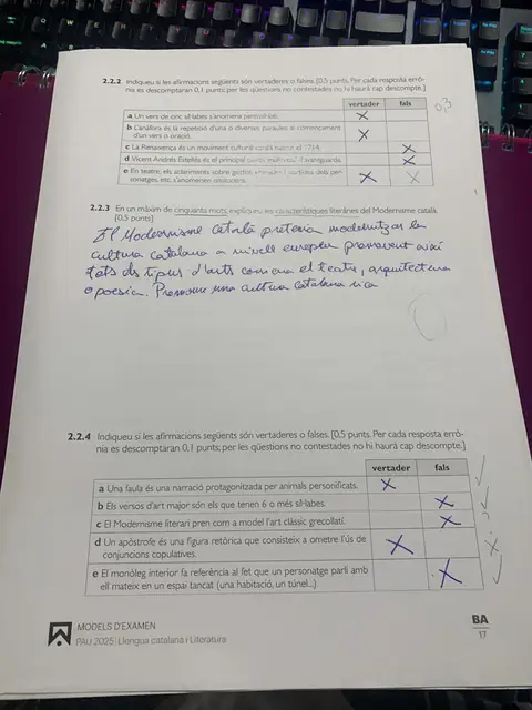 Model PAU 2025: verdader/fals sobre mètrica i Modernisme, i redacció sobre el Modernisme català