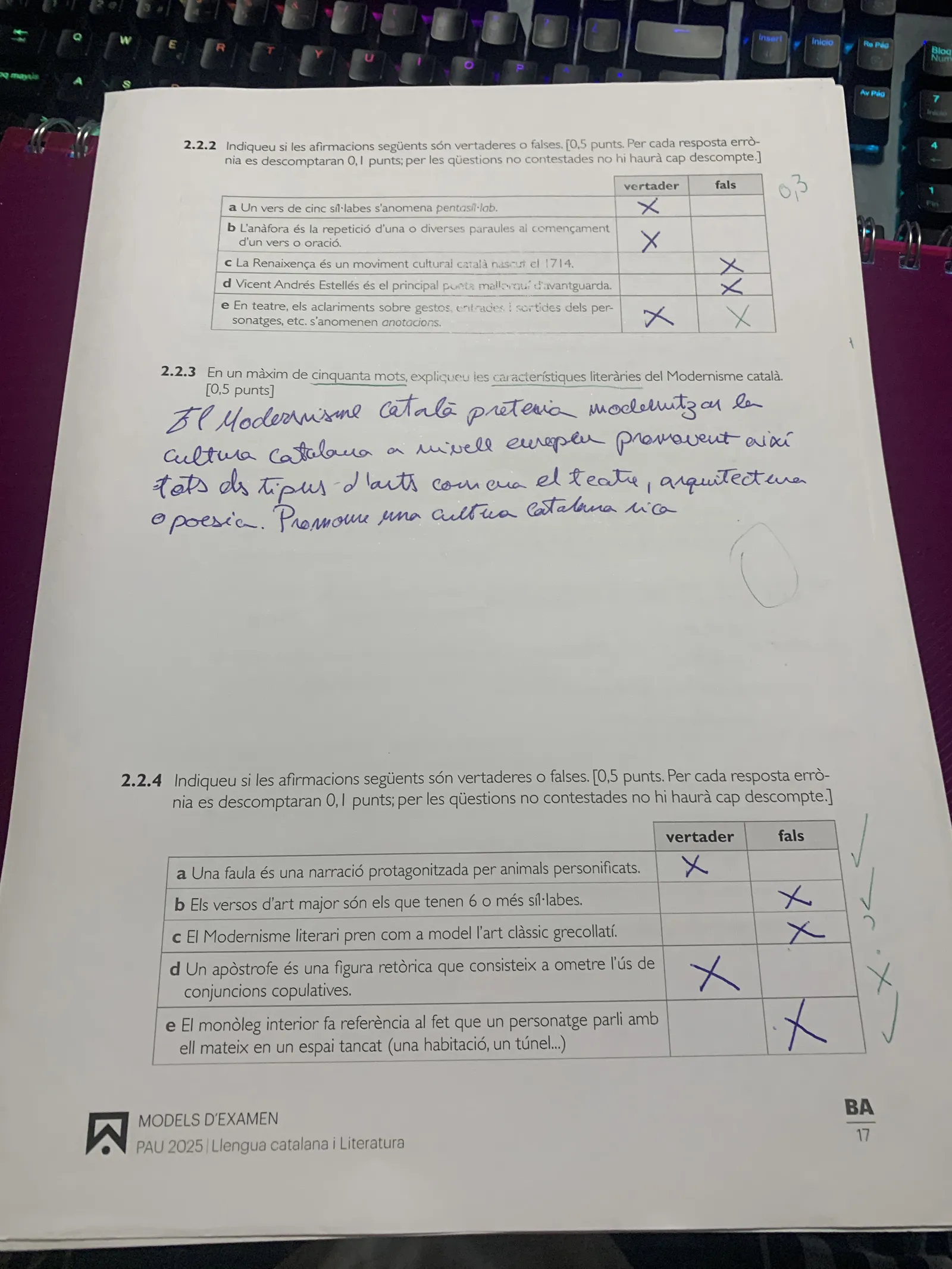 Model PAU 2025: verdader/fals sobre mètrica i Modernisme, i redacció sobre el Modernisme català
