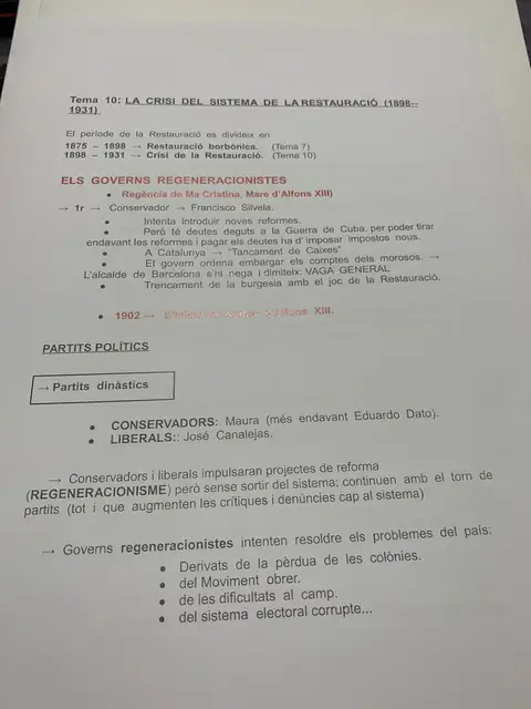 Tema 10: la crisi del sistema (1898-1931), els governs regeneracionistes i els partits dinàstics
