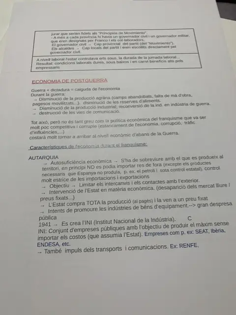 L'economia de postguerra i les característiques de l'autarquia, amb la creació de l'INI el 1941