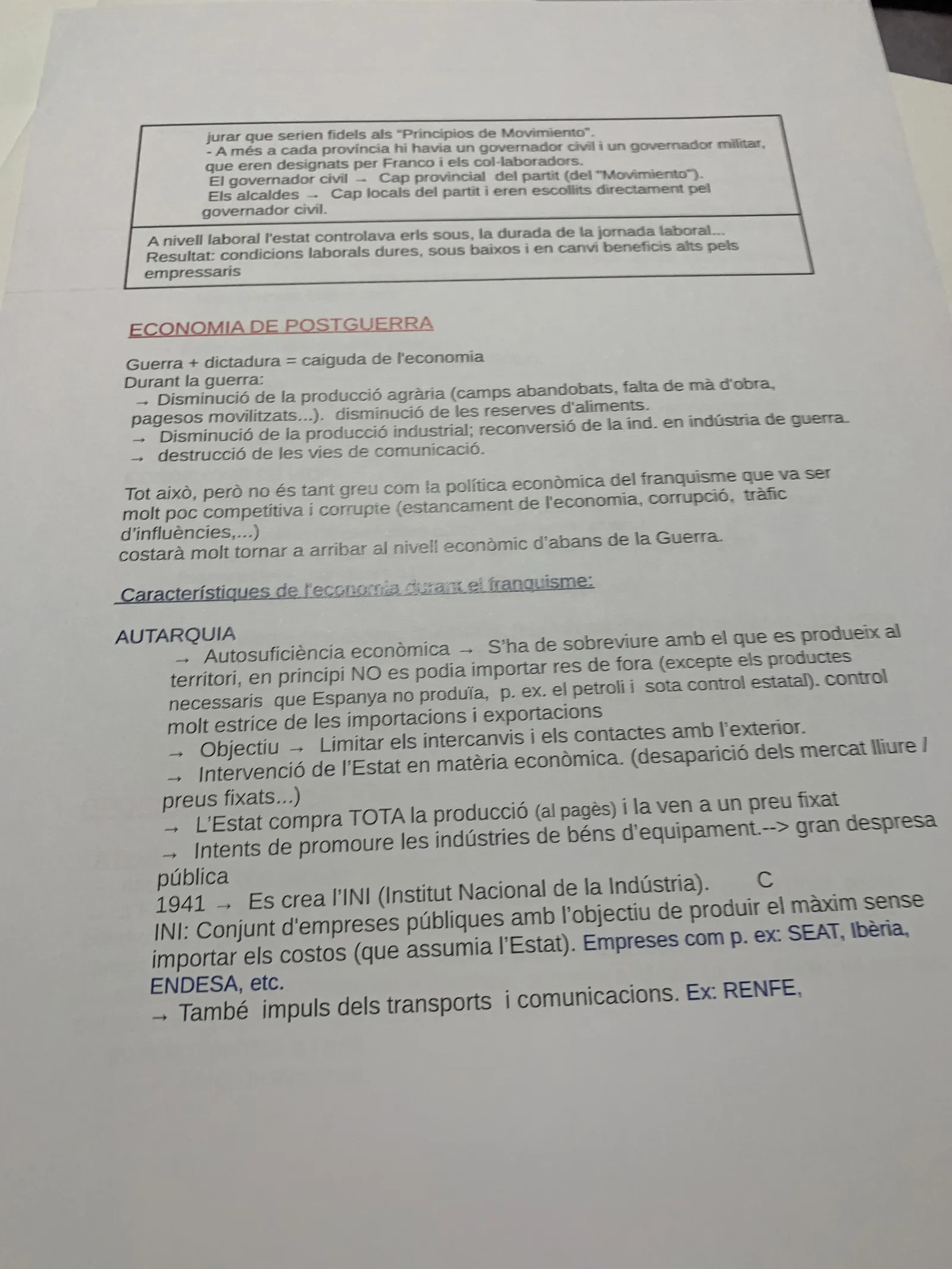 L'economia de postguerra i les característiques de l'autarquia, amb la creació de l'INI el 1941