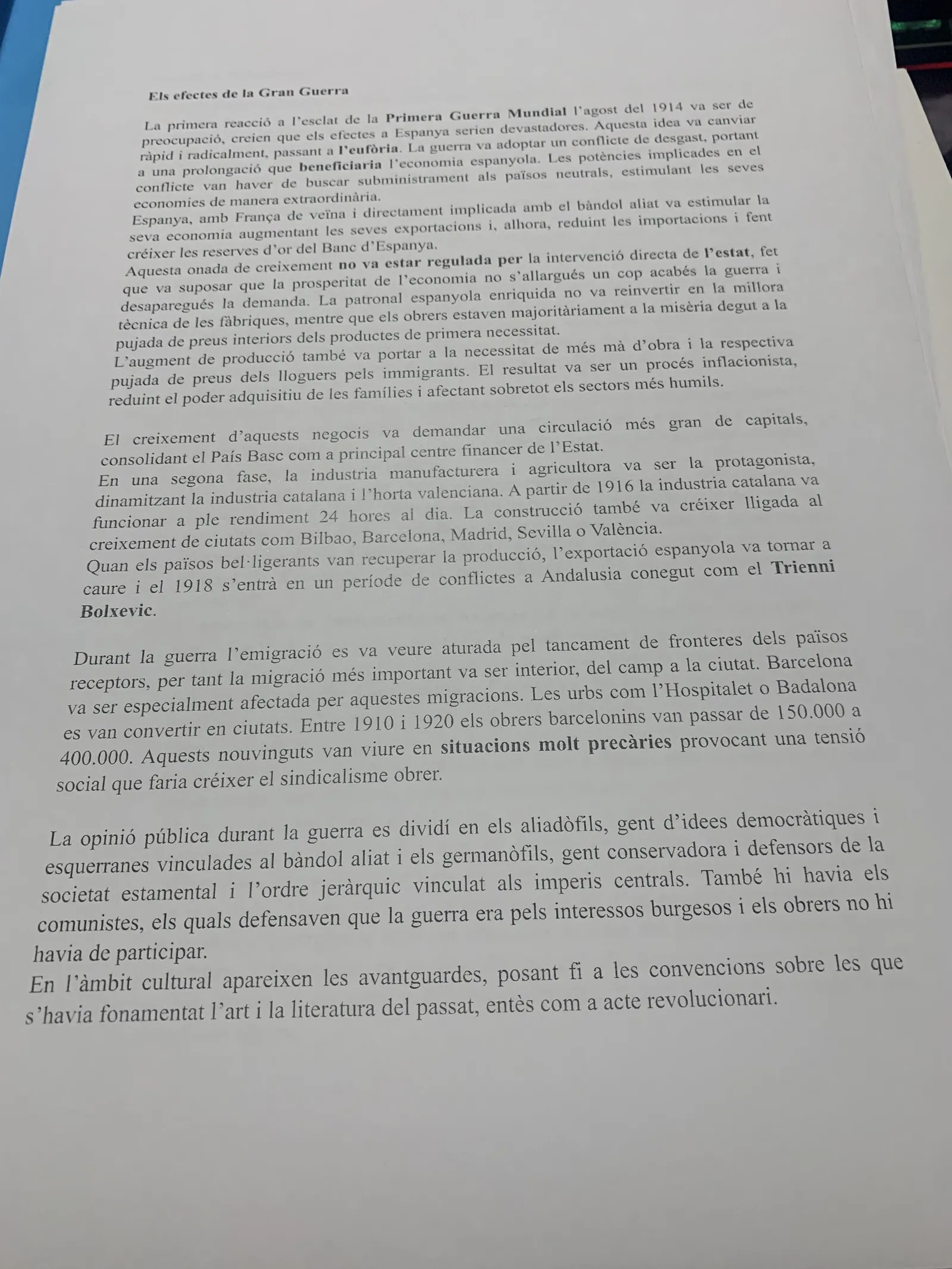Els efectes de la Primera Guerra Mundial a l'economia espanyola i el Trienni Bolxevic