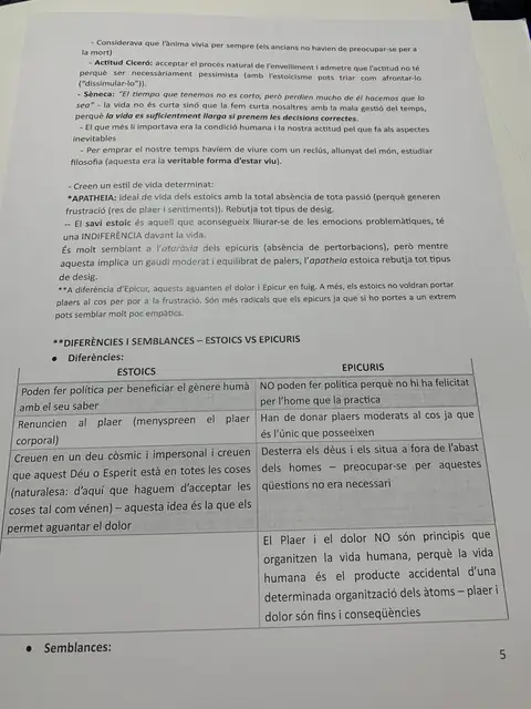 L'apatheia estoica i la taula de diferències i semblances entre estoics i epicuris