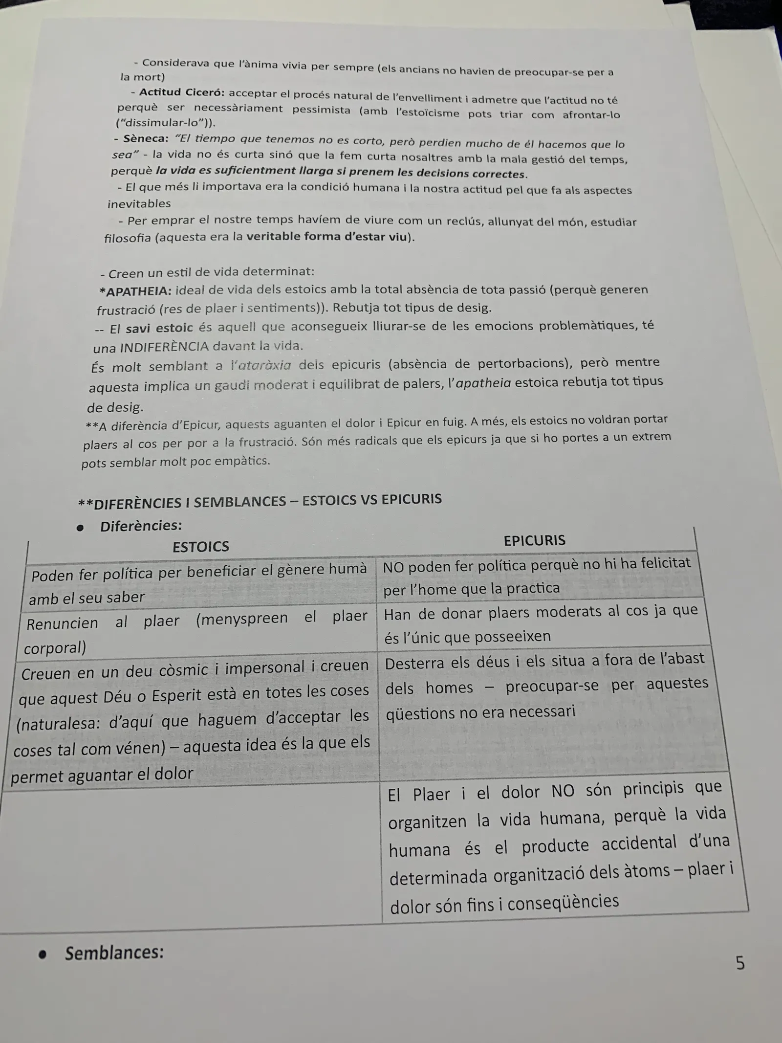 L'apatheia estoica i la taula de diferències i semblances entre estoics i epicuris