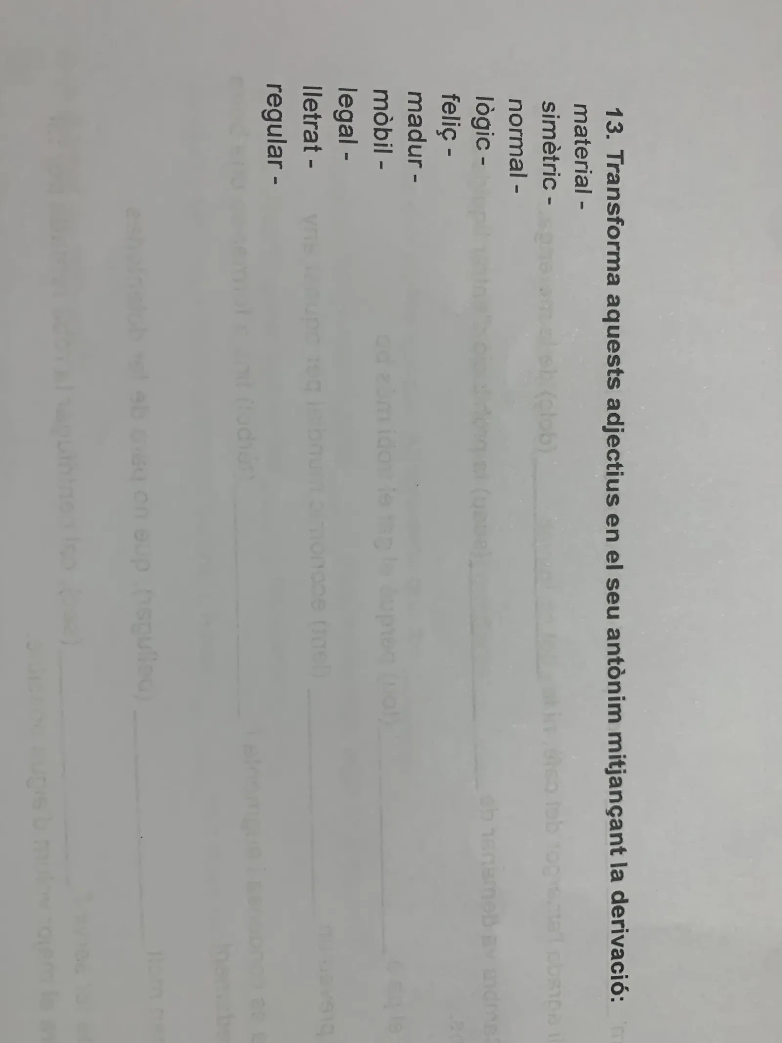 Activitat 13: transformar adjectius en el seu antònim mitjançant la derivació