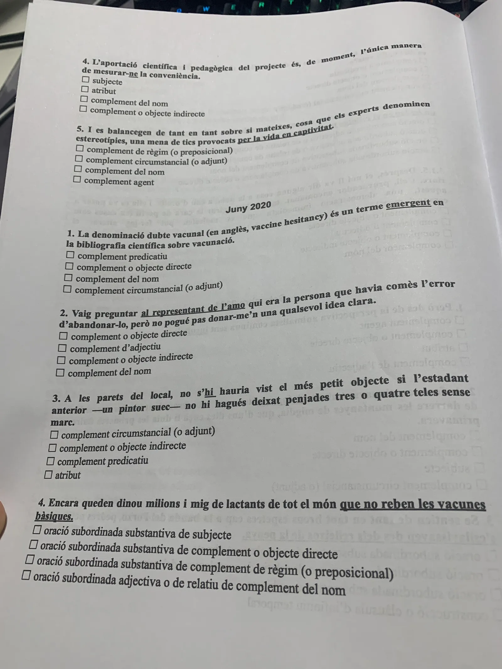 Dossier de subordinació: preguntes de juny de 2020