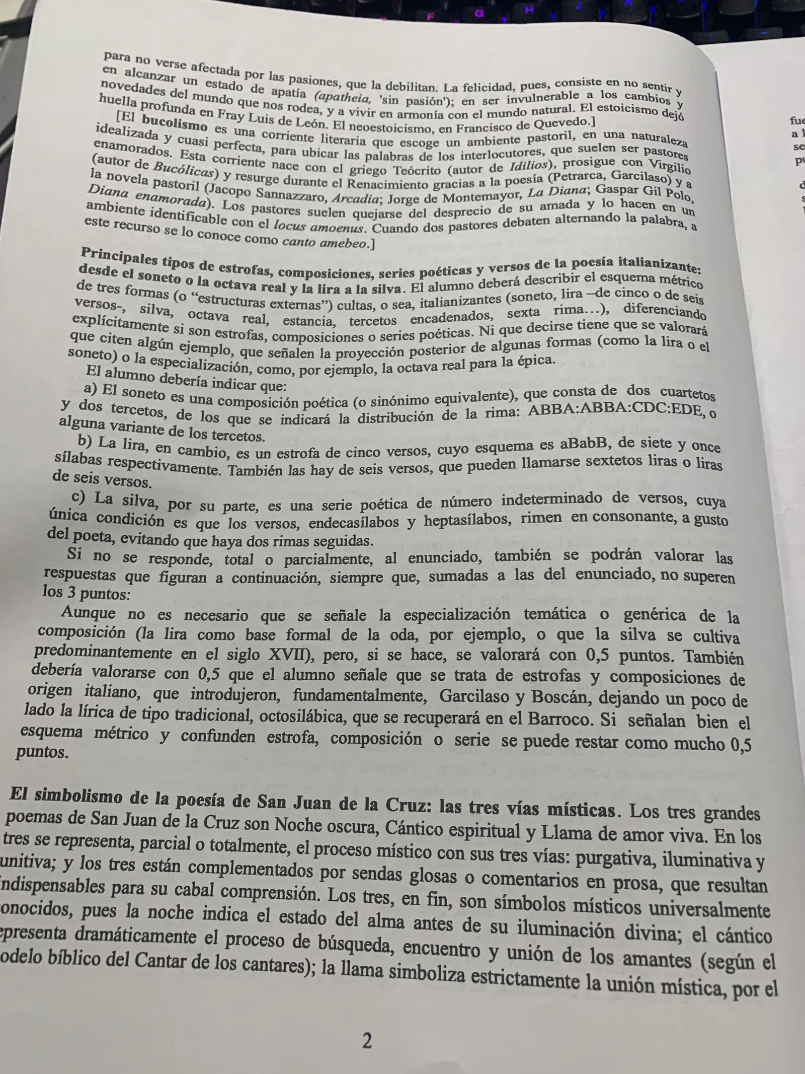 Bucolismo, tipos de estrofa italianizante (soneto, lira, silva) y las tres vías místicas de San Juan de la Cruz