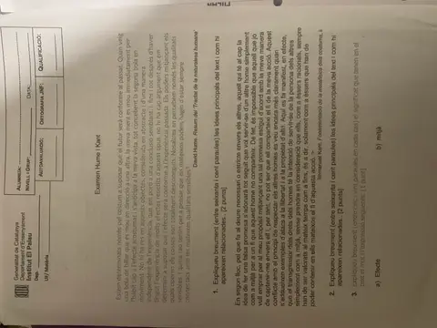 Examen de filosofia: textos de Hume i Kant, amb les preguntes 1 a 3