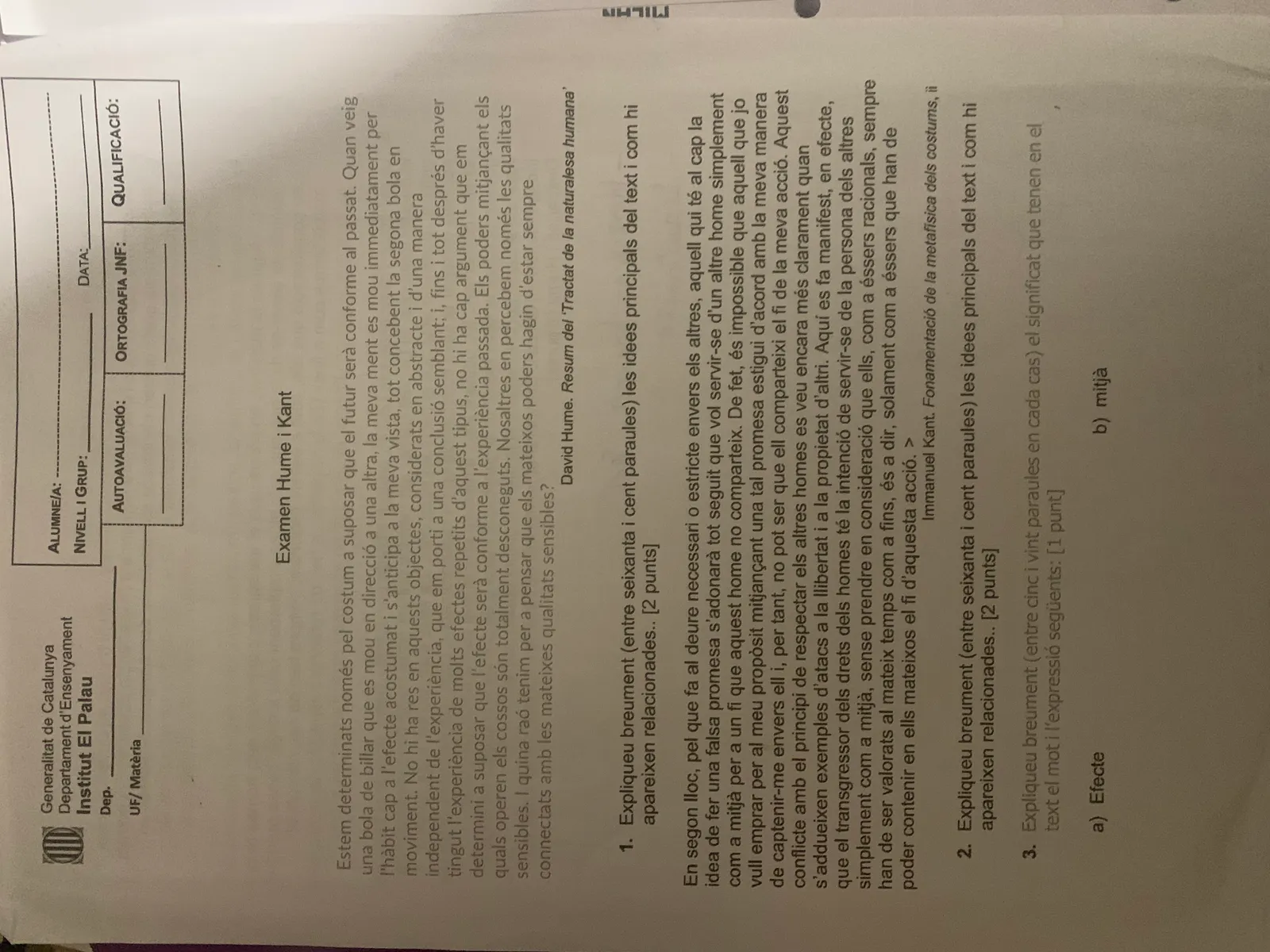Examen de filosofia: textos de Hume i Kant, amb les preguntes 1 a 3