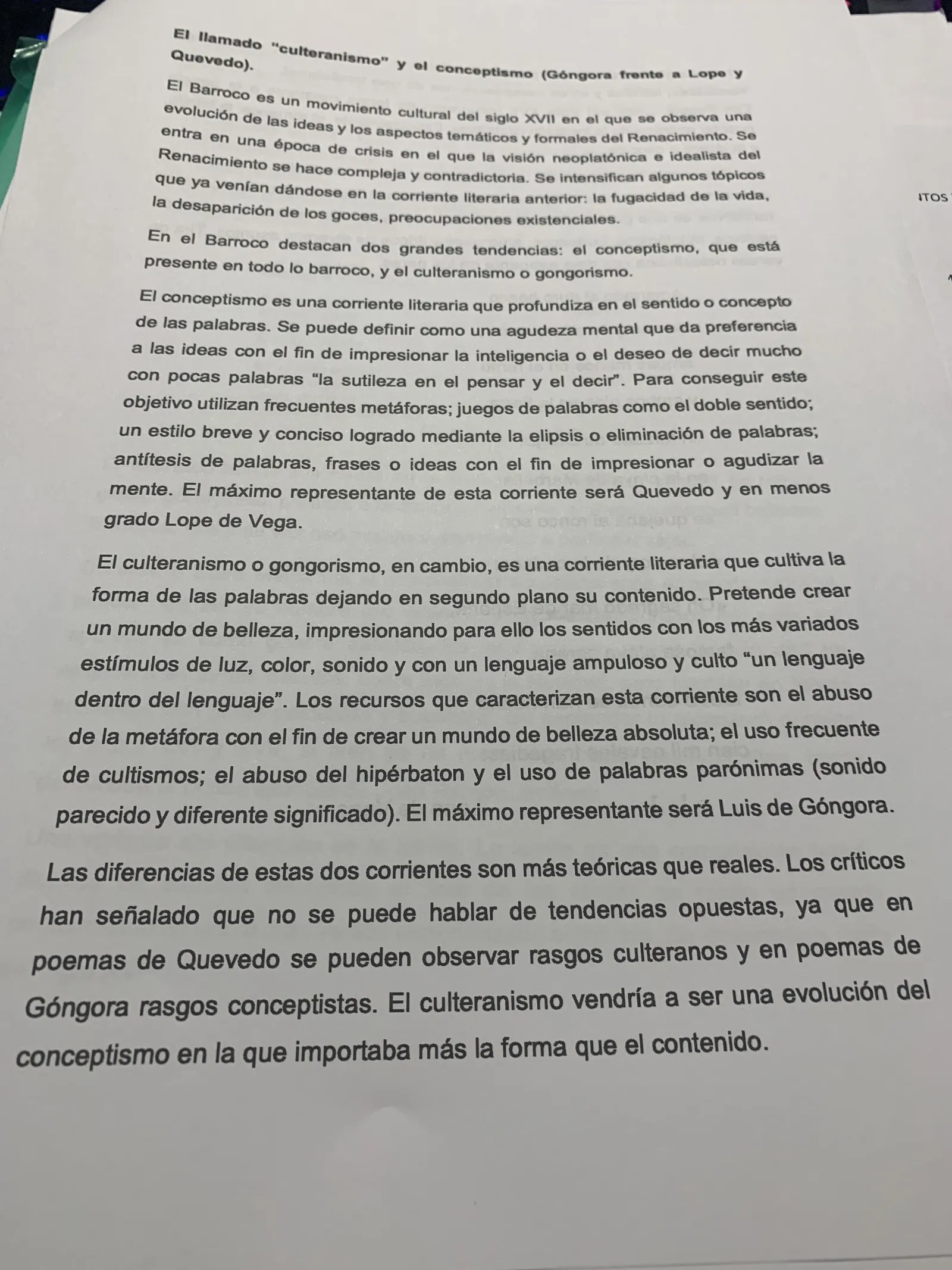 Culteranismo y conceptismo: Góngora frente a Lope y Quevedo, con sus recursos característicos