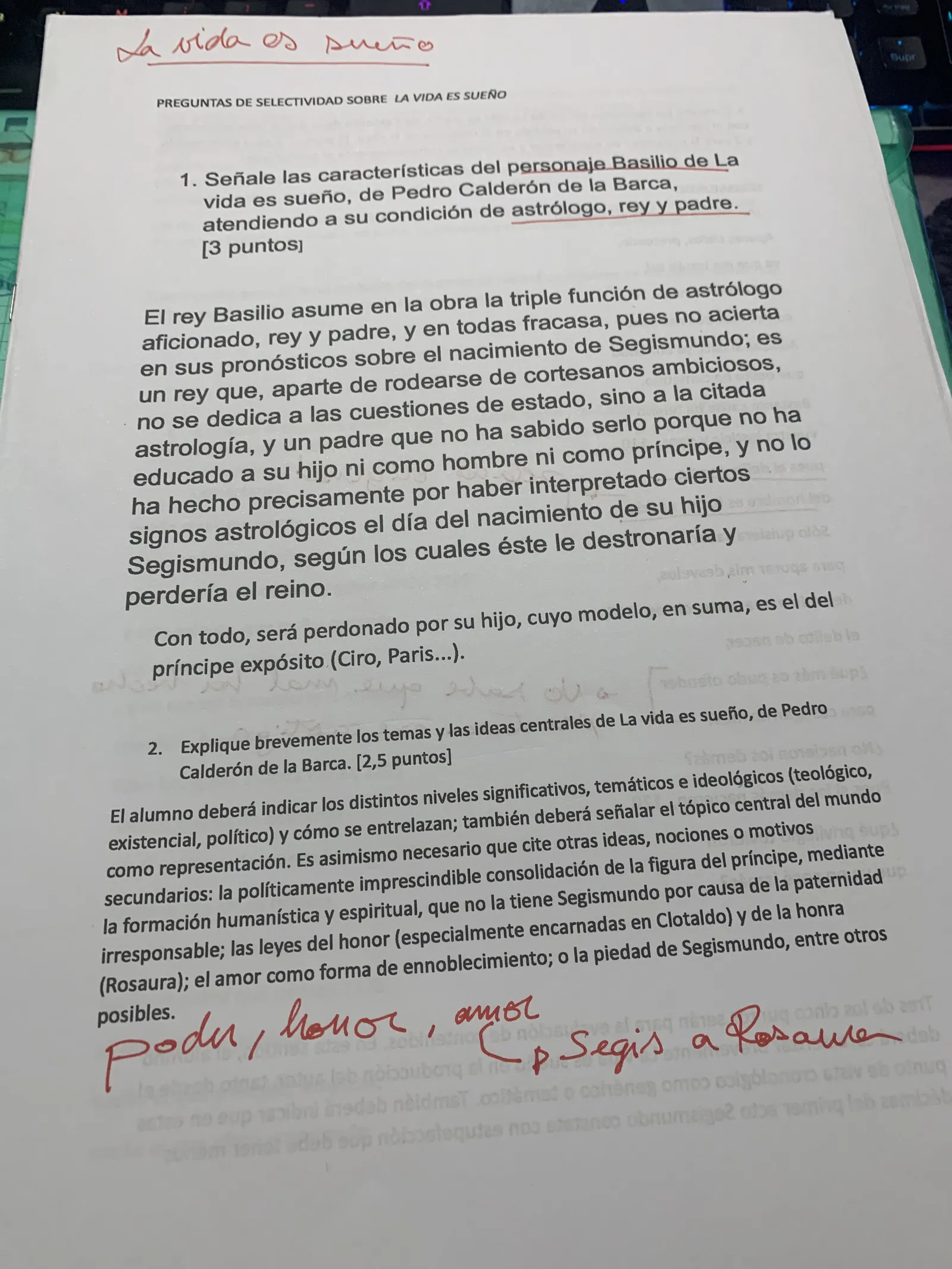 Preguntas de Selectividad sobre La vida es sueño: el personaje de Basilio y los temas centrales