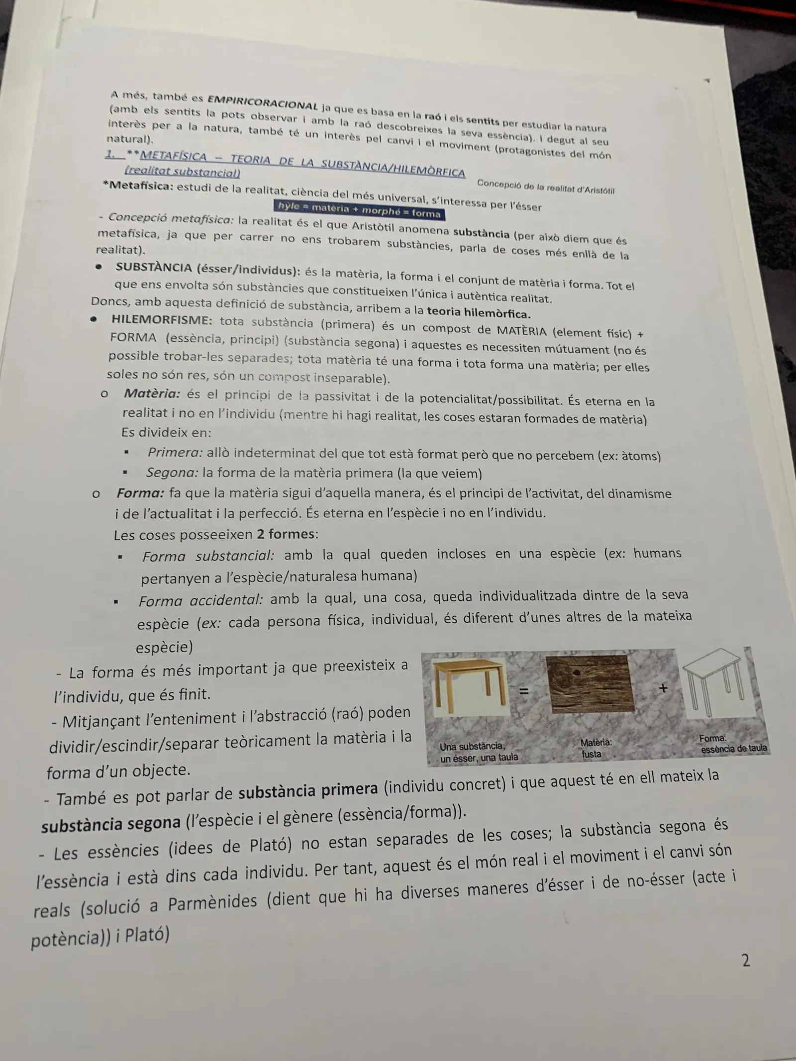La metafísica aristotèlica: substància, hilemorfisme, matèria i forma, i substància primera i segona
