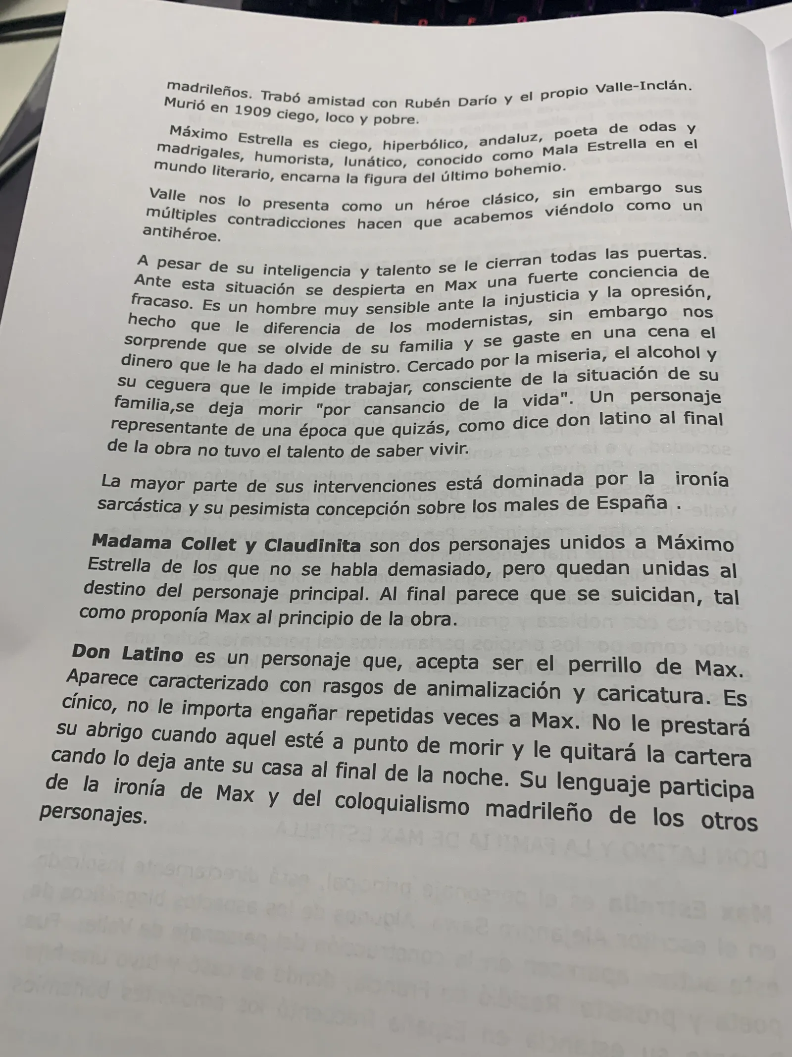 Max Estrella como antihéroe, Madama Collet y Claudinita, y Don Latino