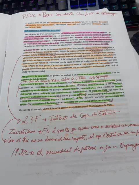 El PSUC, la moció de censura, la LOAPA i el 23-F, amb anotacions manuscrites sobre el cop d'estat