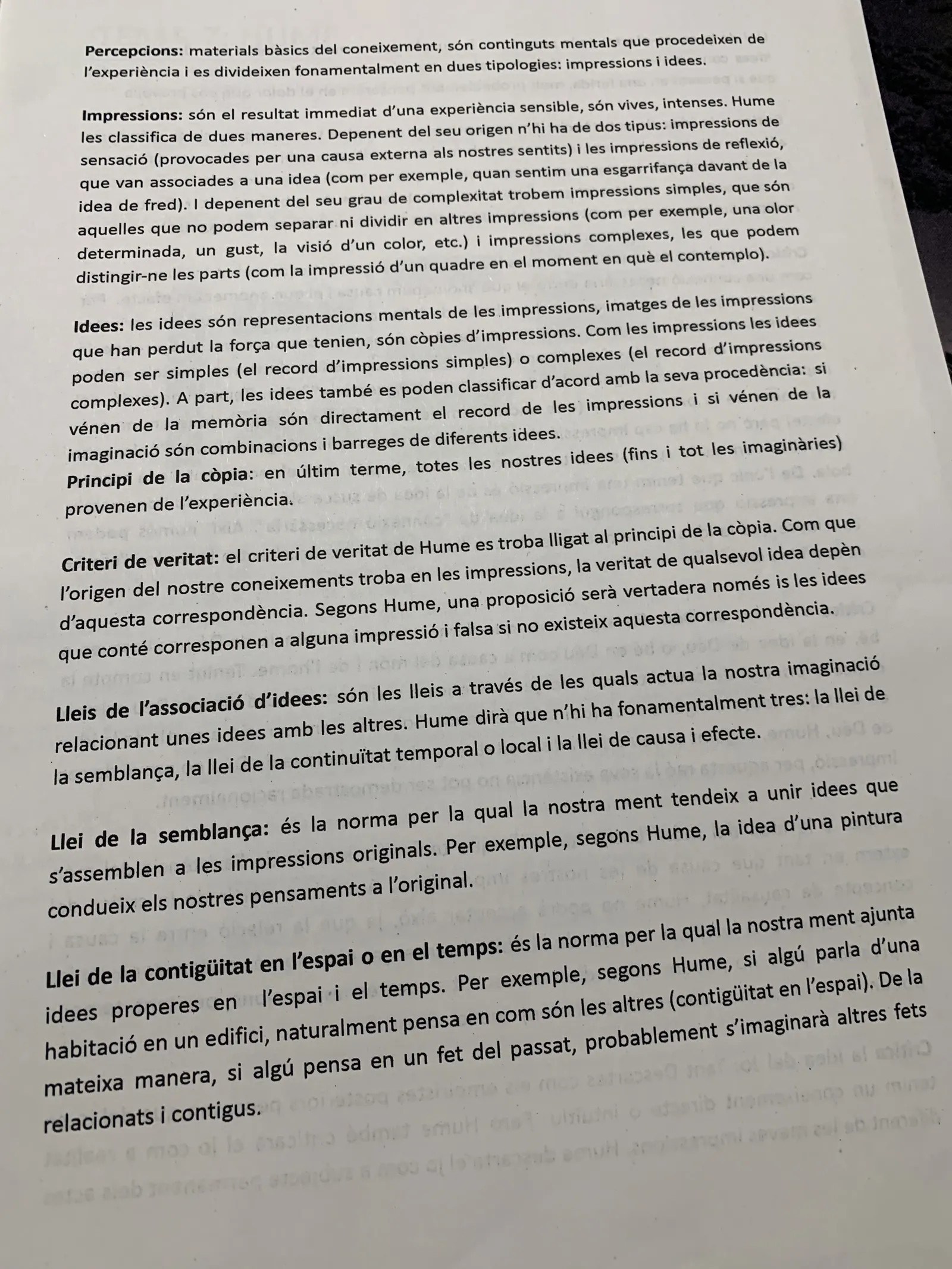 Percepcions, impressions i idees, el principi de la còpia, el criteri de veritat i les tres lleis d'associació