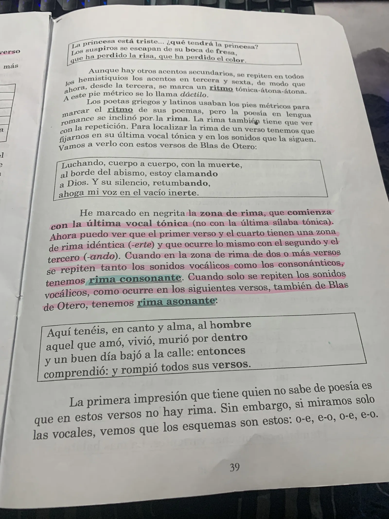 Zona de rima, rima consonante y asonante, con ejemplos de Blas de Otero