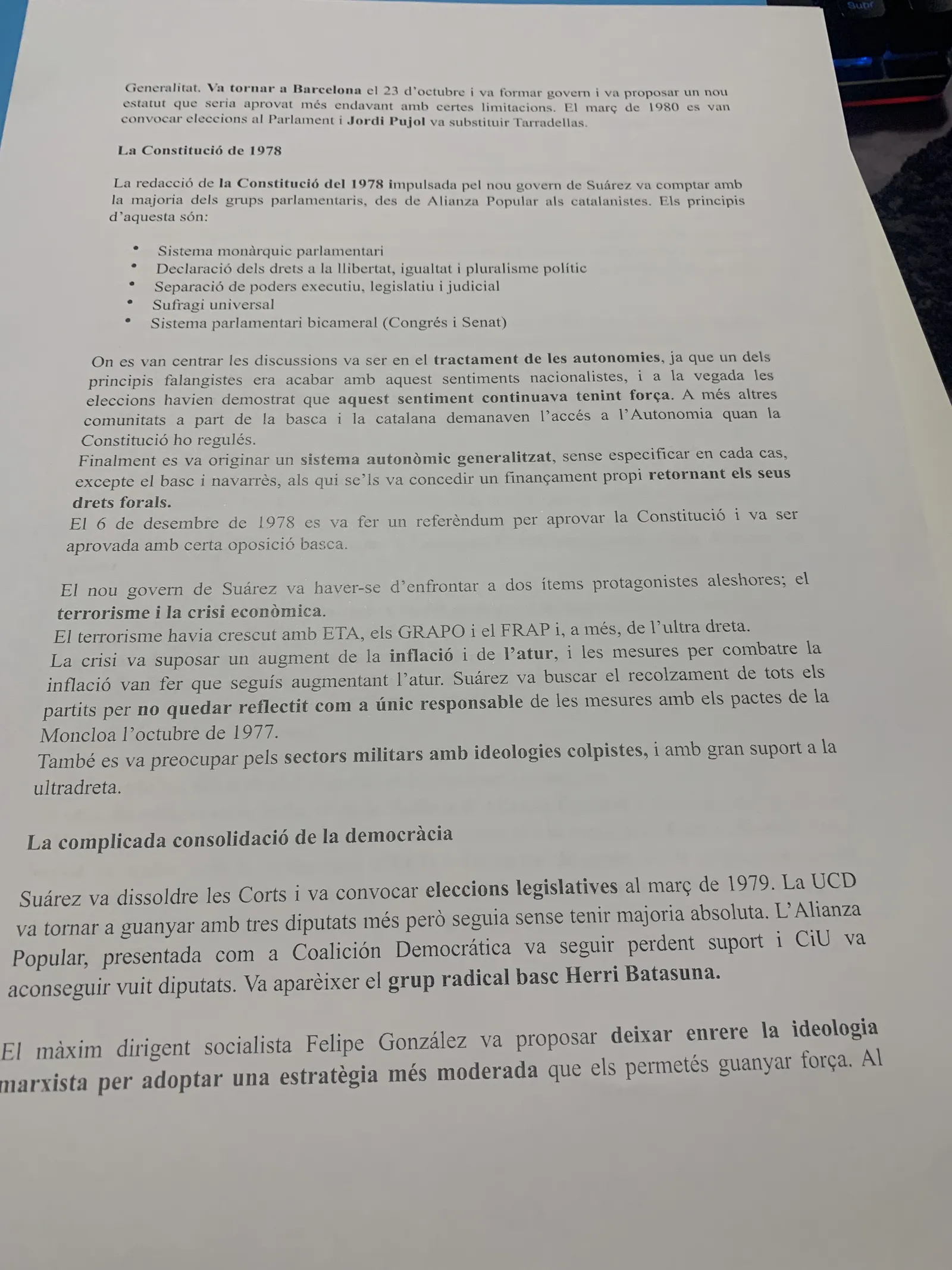 Els principis de la Constitució de 1978, el terrorisme, la crisi econòmica i la consolidació democràtica