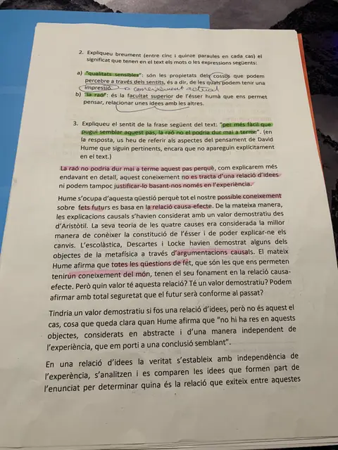 Preguntes 2 i 3 del comentari: qualitats sensibles, la raó i la crítica a la relació causa-efecte
