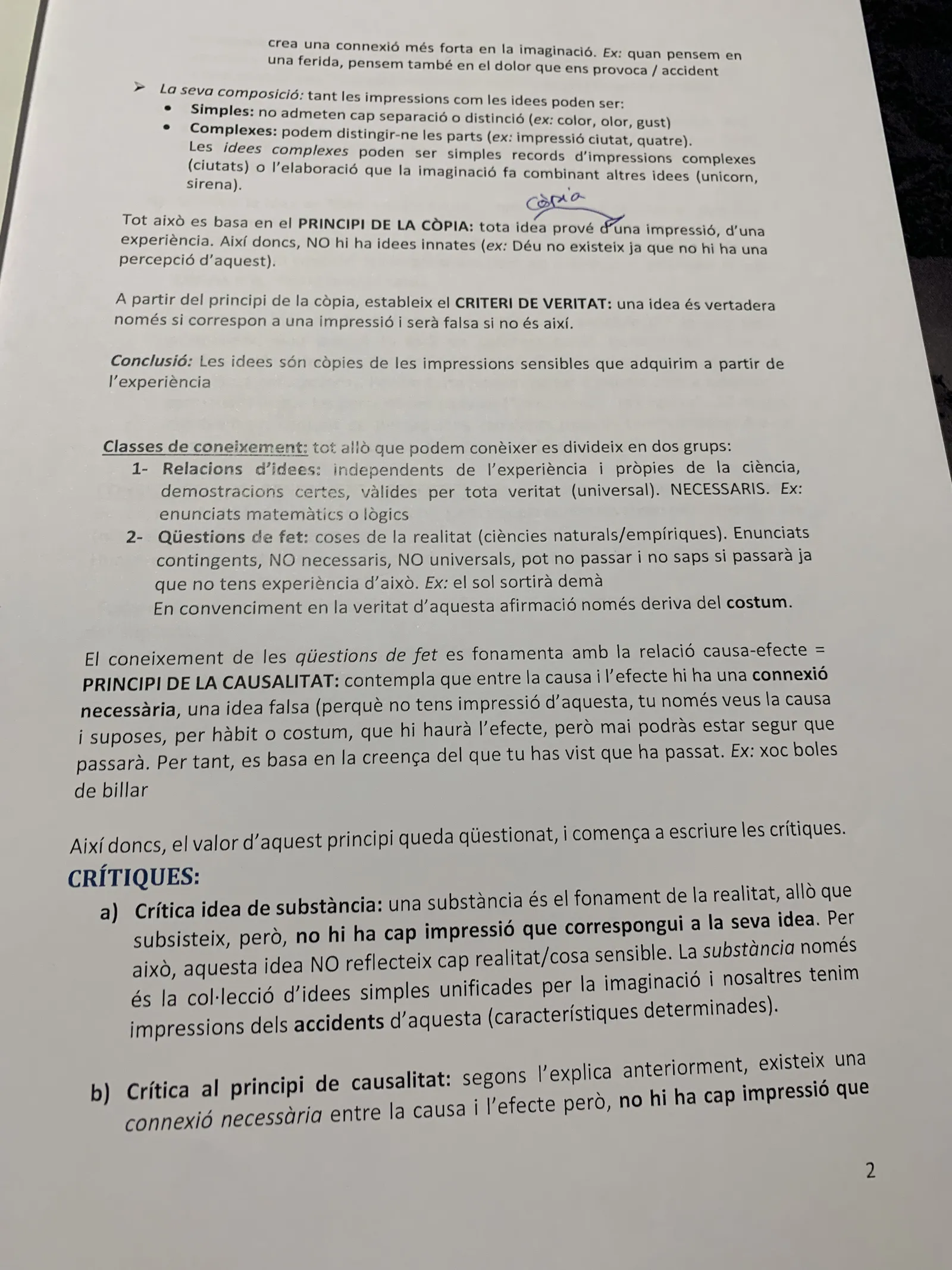 Classes de coneixement, el principi de causalitat i les crítiques a la idea de substància