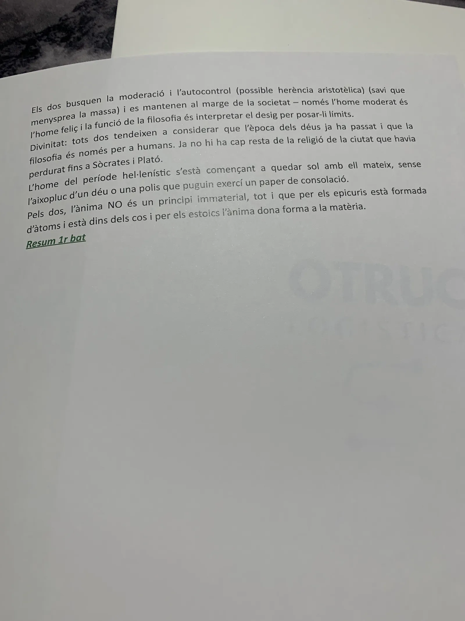 La moderació i l'autocontrol com a herència aristotèlica, i el resum de 1r de batxillerat