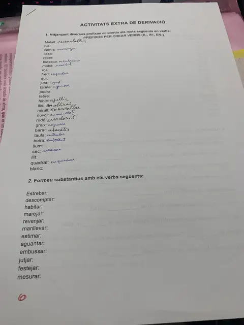 Activitats extra de derivació: crear verbs amb prefixos i substantius a partir de verbs