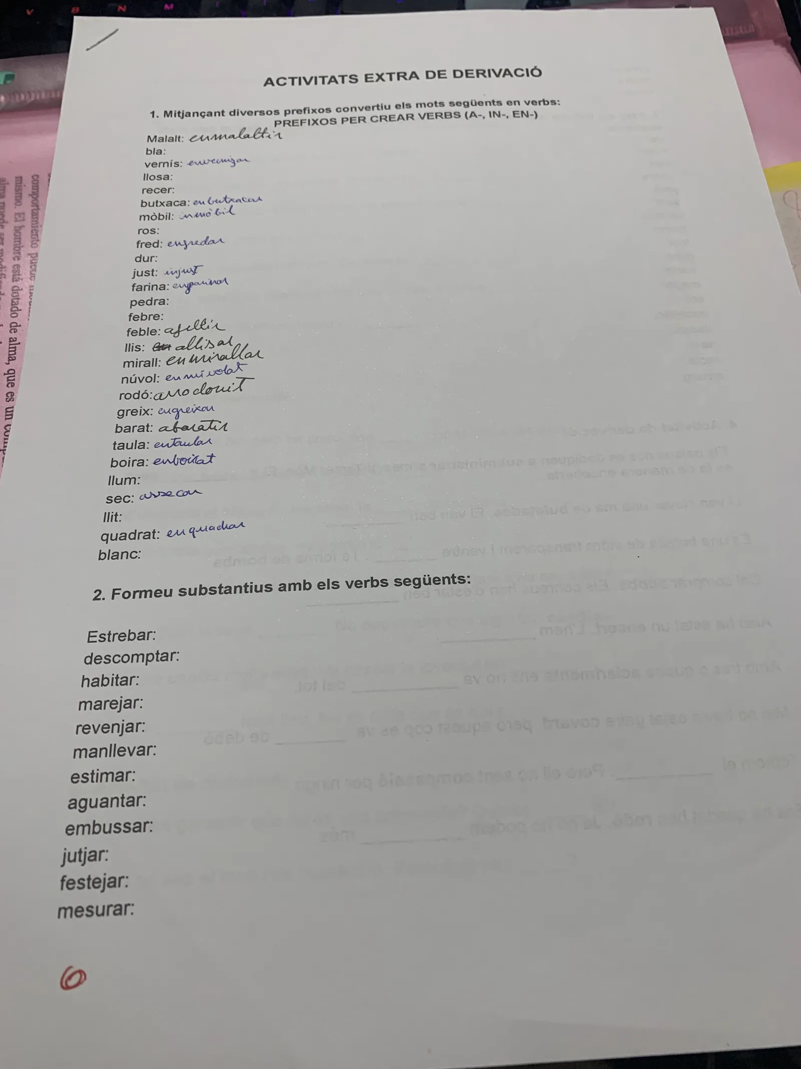 Activitats extra de derivació: crear verbs amb prefixos i substantius a partir de verbs
