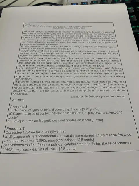 Font PAU 2010: el Memorial de Greuges de 1885 amb dues preguntes sobre el catalanisme