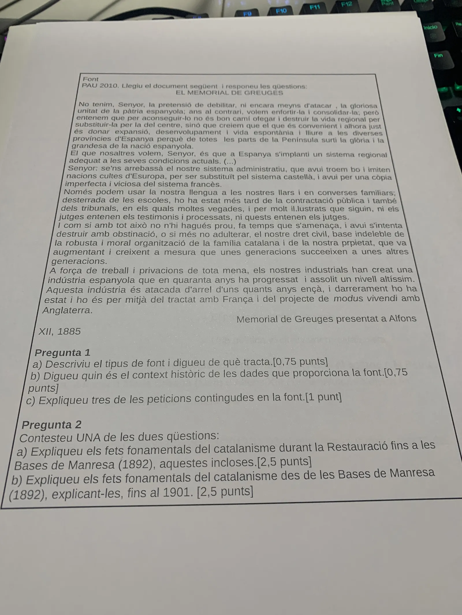 Font PAU 2010: el Memorial de Greuges de 1885 amb dues preguntes sobre el catalanisme