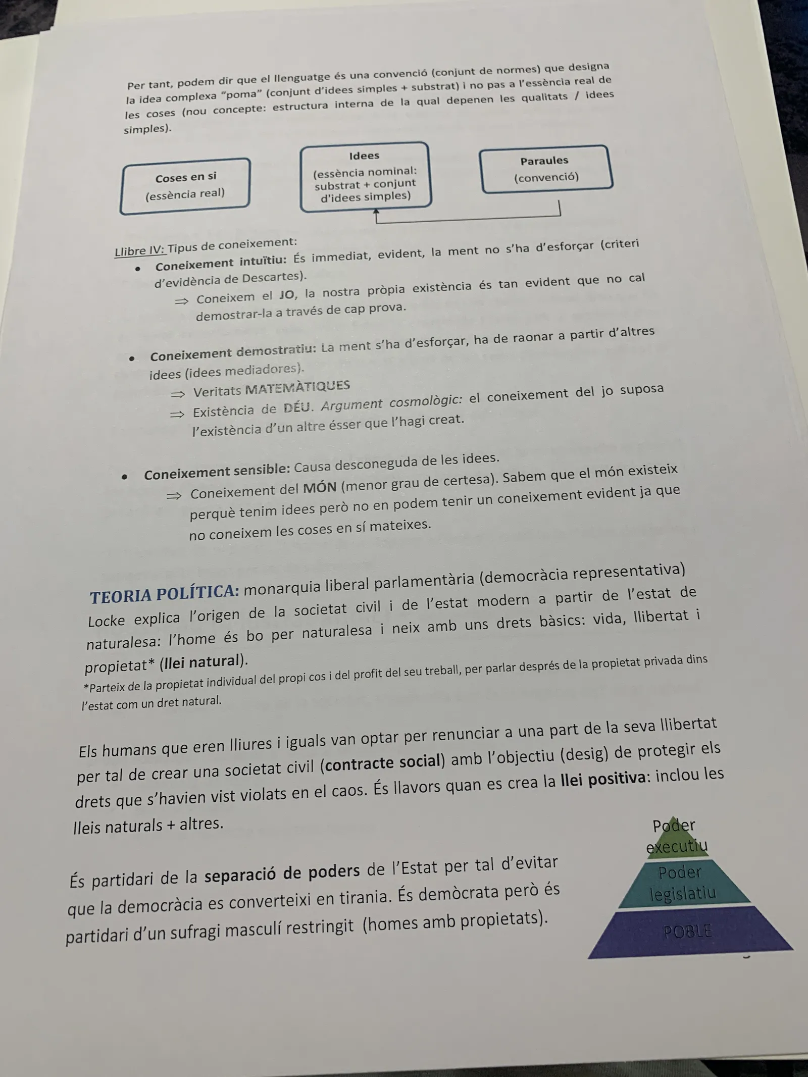 Els tipus de coneixement de Locke i la seva teoria política: contracte social i separació de poders