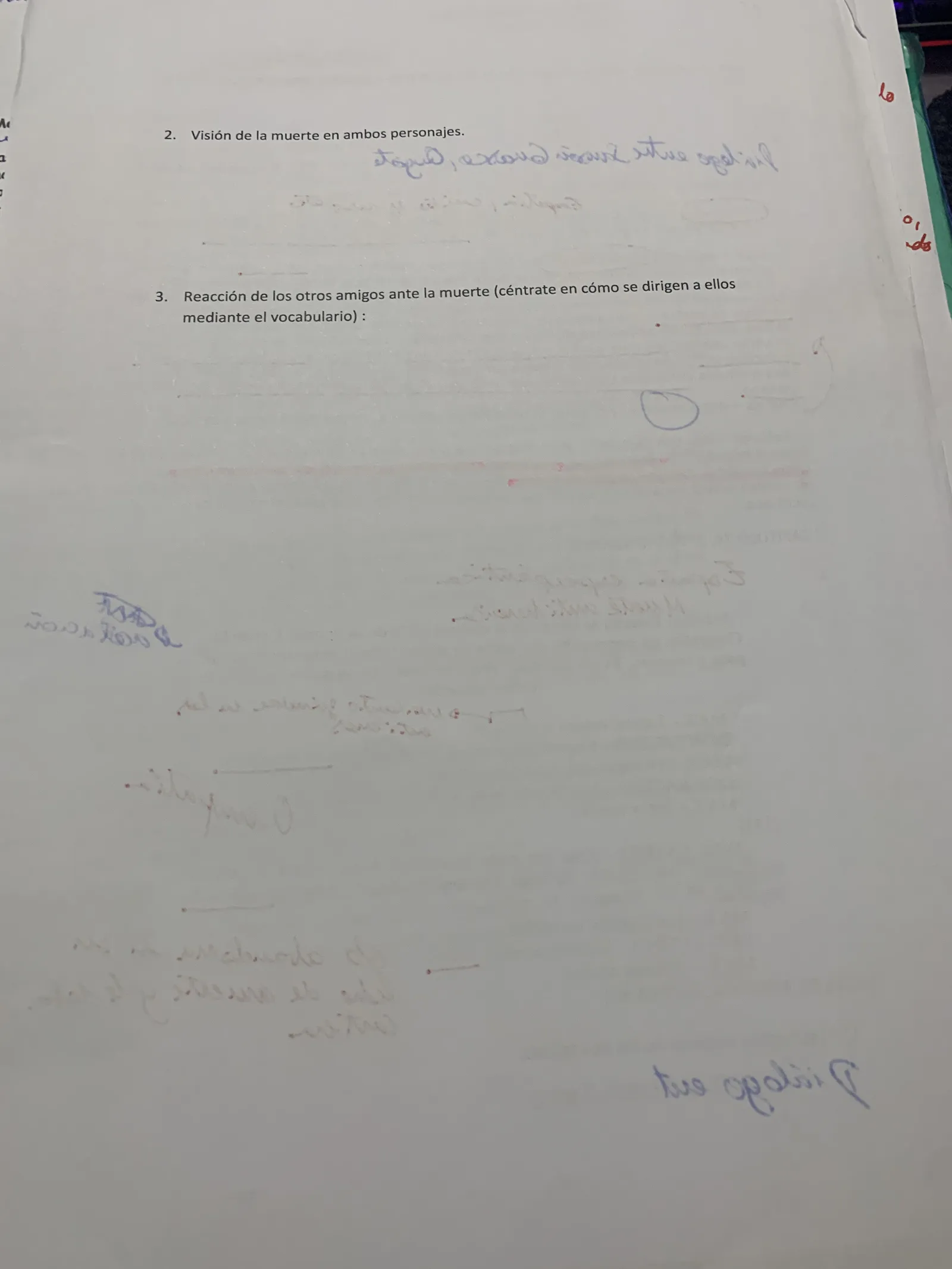 Preguntas 2 y 3 de la comparación: visión de la muerte y reacción de los amigos