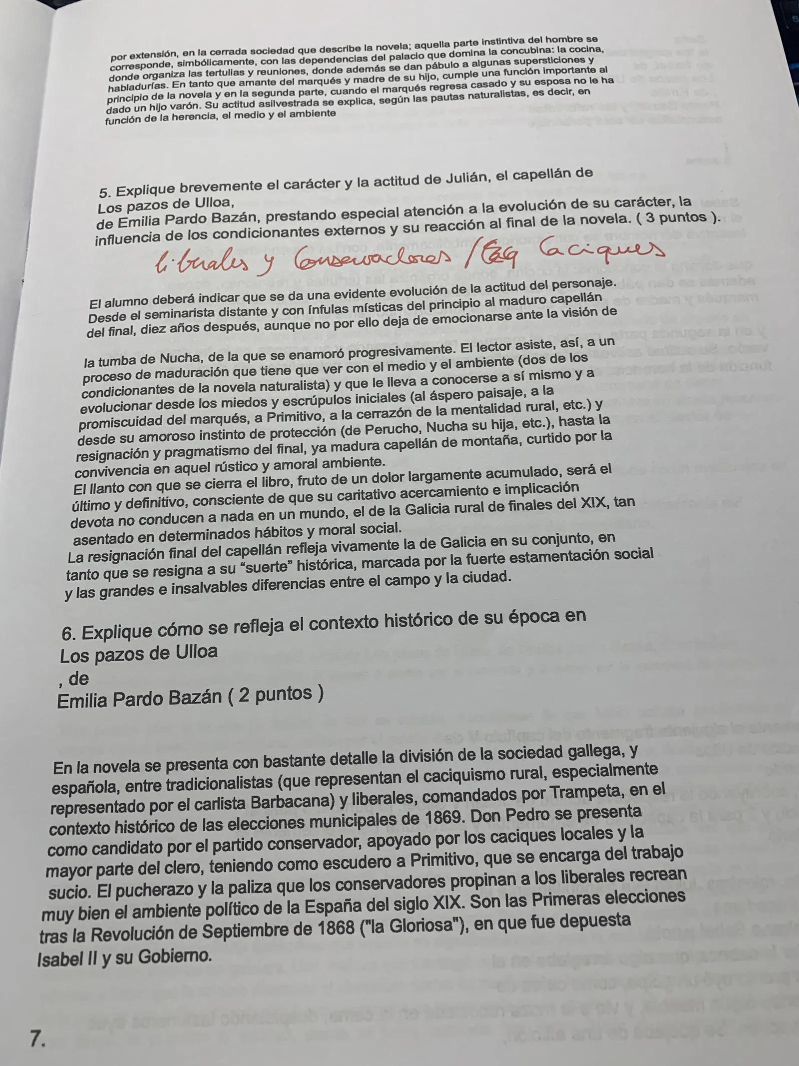 Preguntas 5 y 6: evolución de Julián y contexto histórico del caciquismo gallego