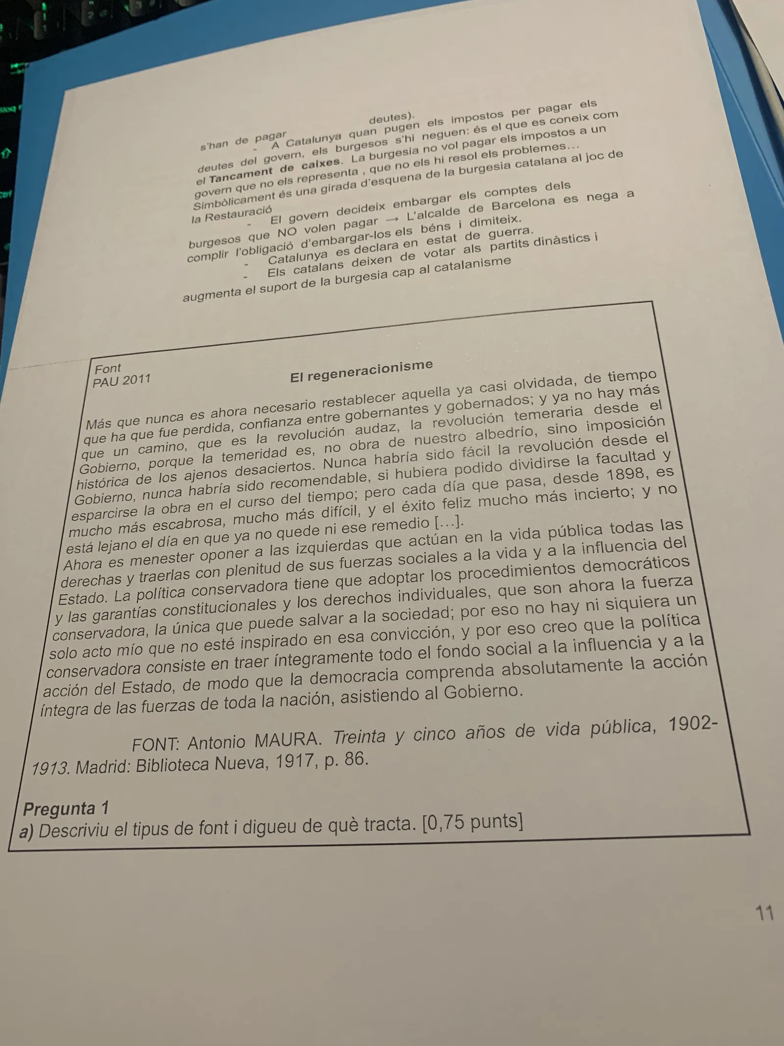 Font PAU 2011: text d'Antonio Maura sobre el regeneracionisme, amb la pregunta de comentari