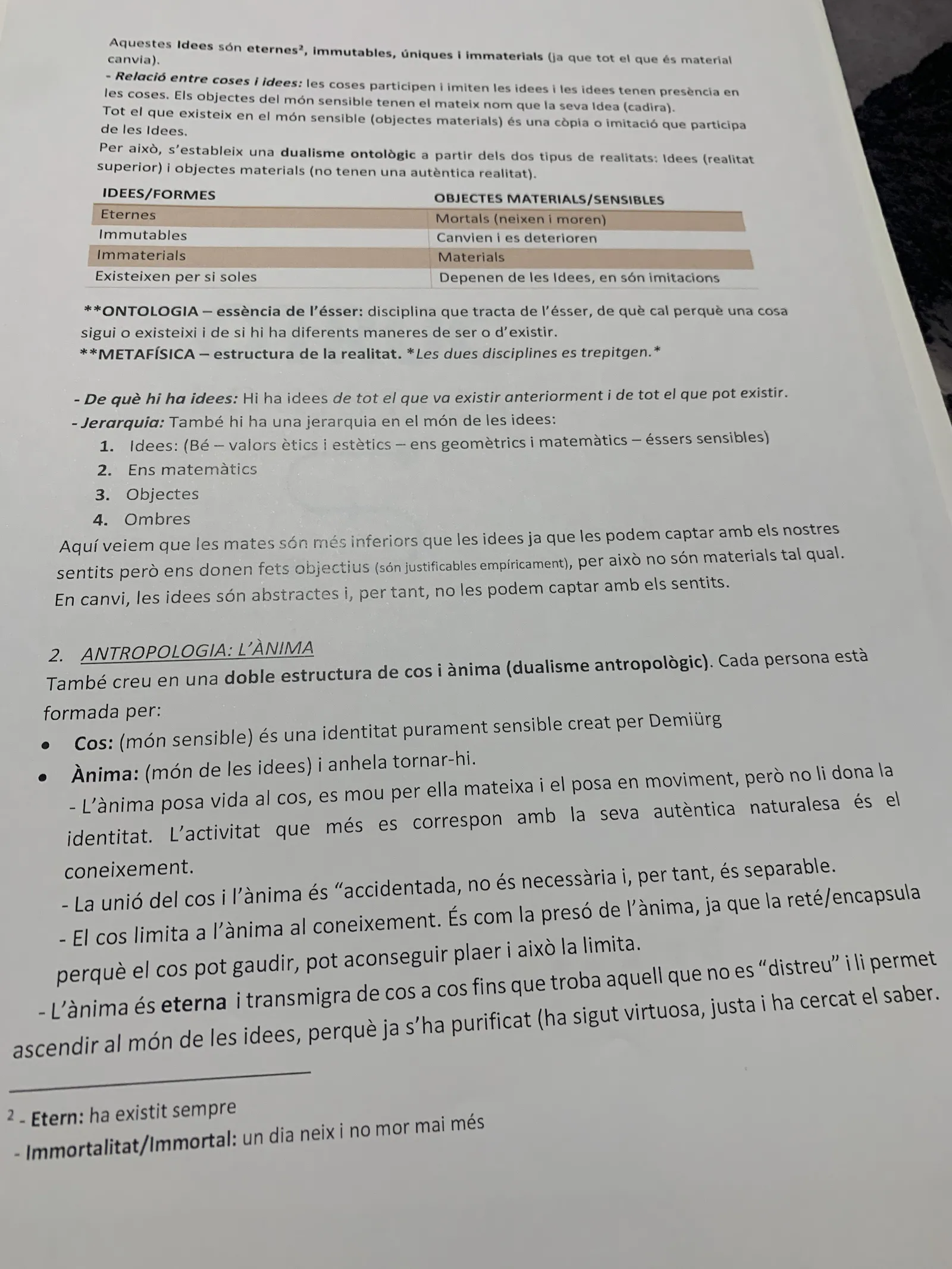 La jerarquia de les idees, l'ontologia i el dualisme antropològic de cos i ànima