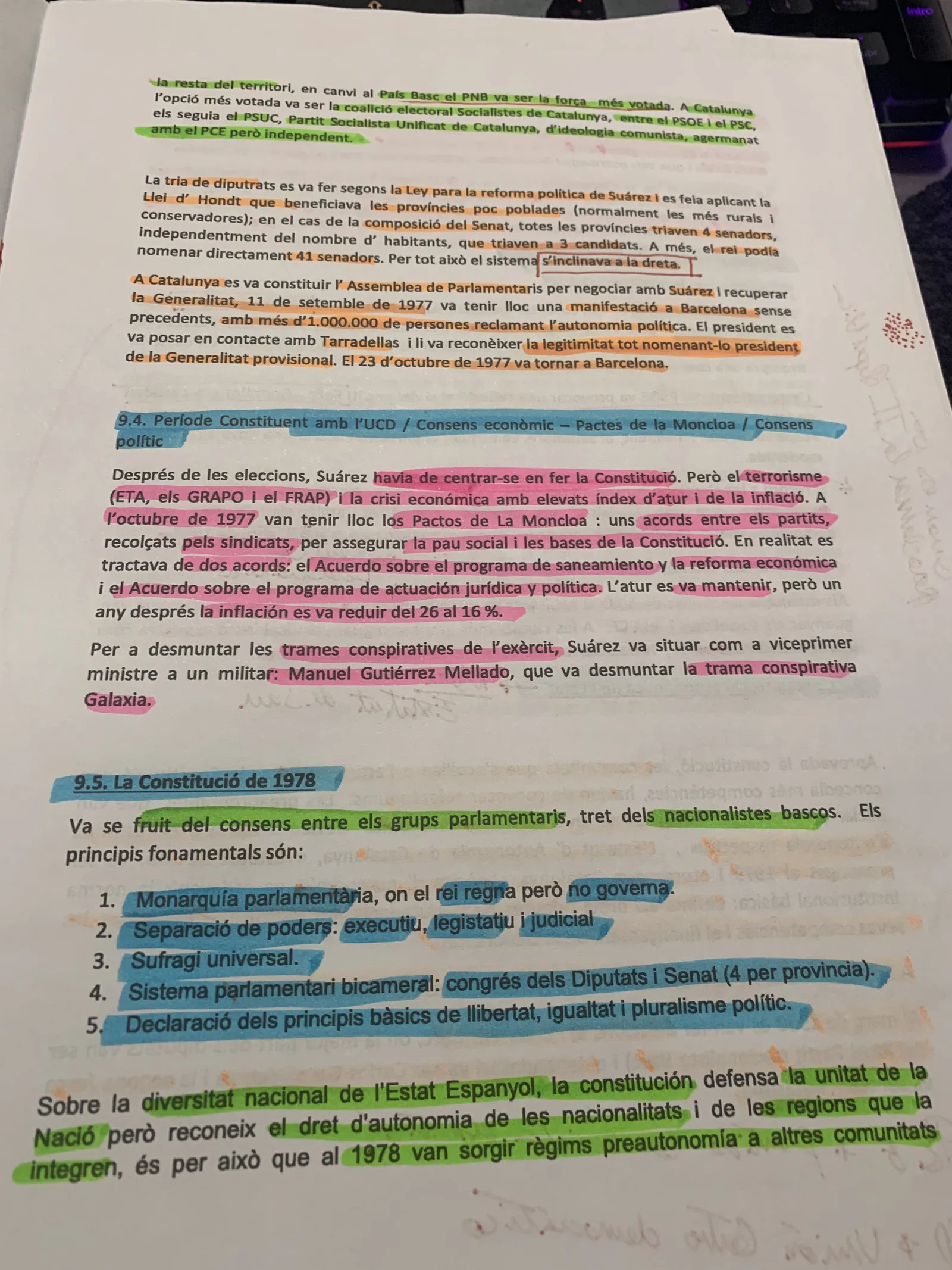 El retorn de Tarradellas, els Pactes de la Moncloa i els principis de la Constitució de 1978