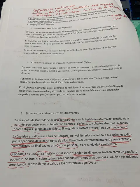 Respuesta modelo: estructura métrica de los tres textos y el humor en Quevedo y Cervantes