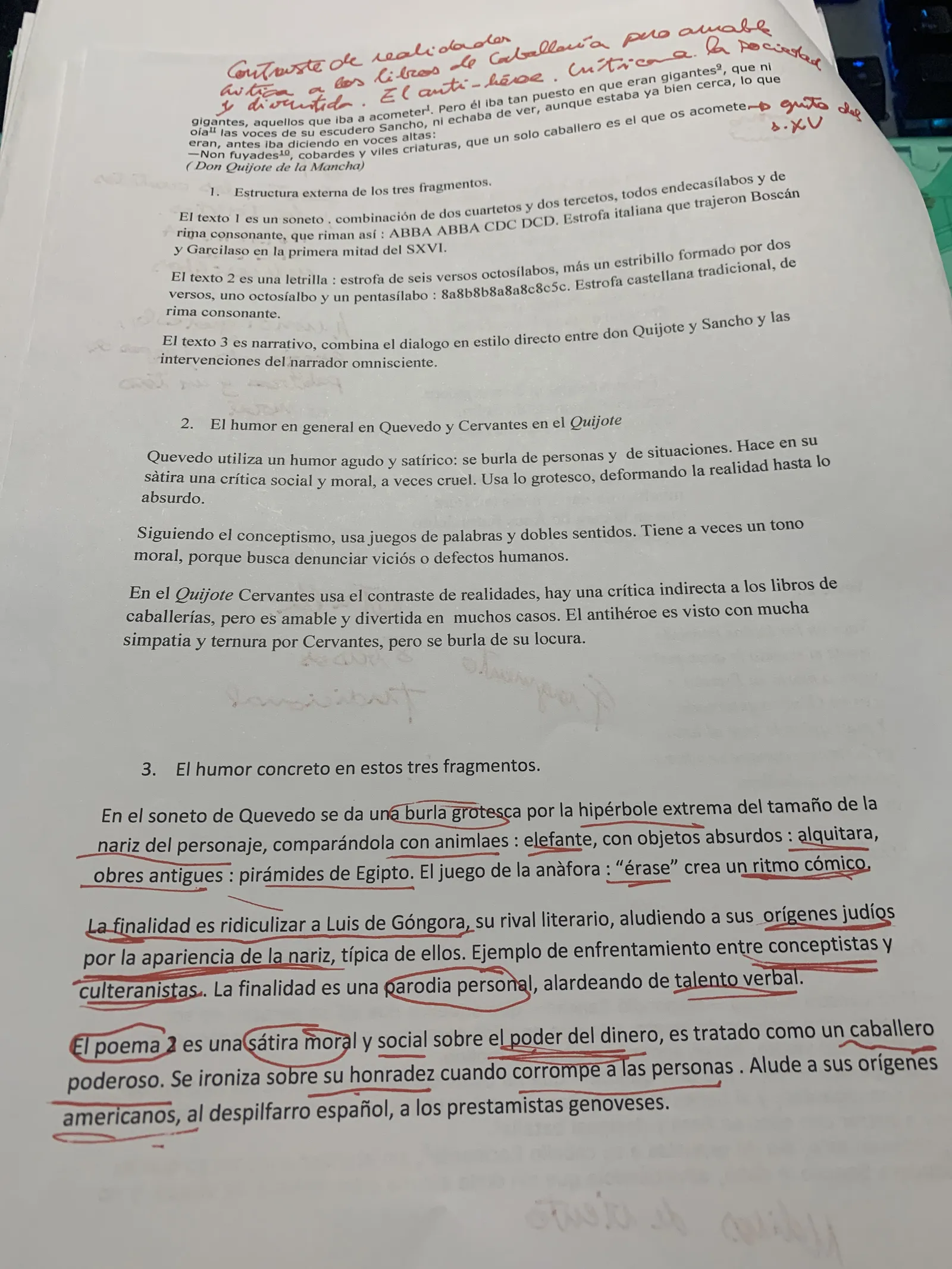 Respuesta modelo: estructura métrica de los tres textos y el humor en Quevedo y Cervantes