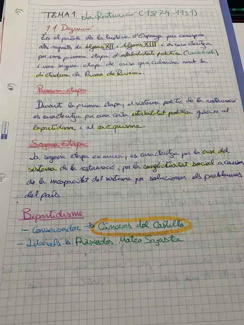 Apunts manuscrits del tema 1: definició de la Restauració, les dues etapes i el bipartidisme