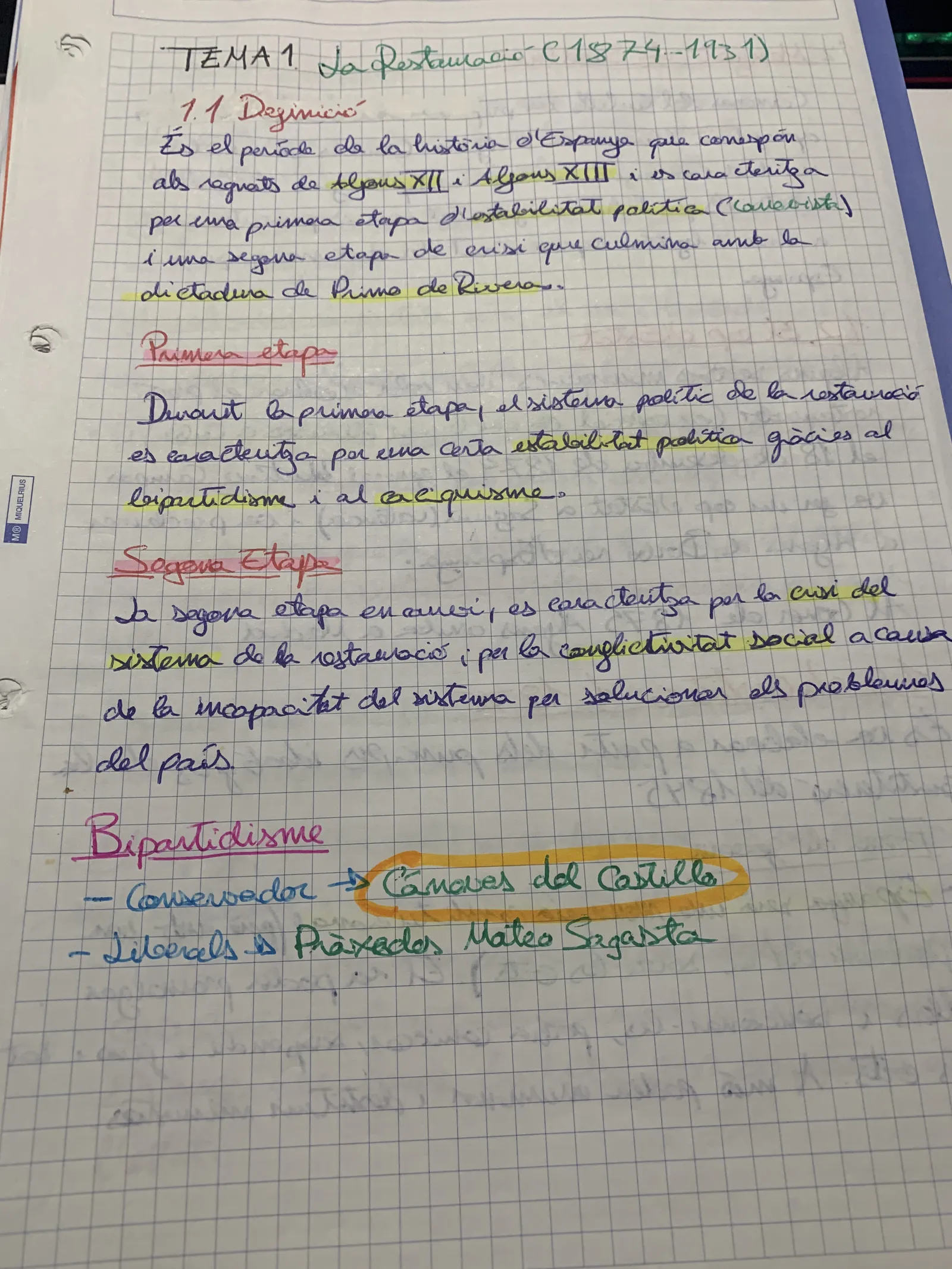 Apunts manuscrits del tema 1: definició de la Restauració, les dues etapes i el bipartidisme