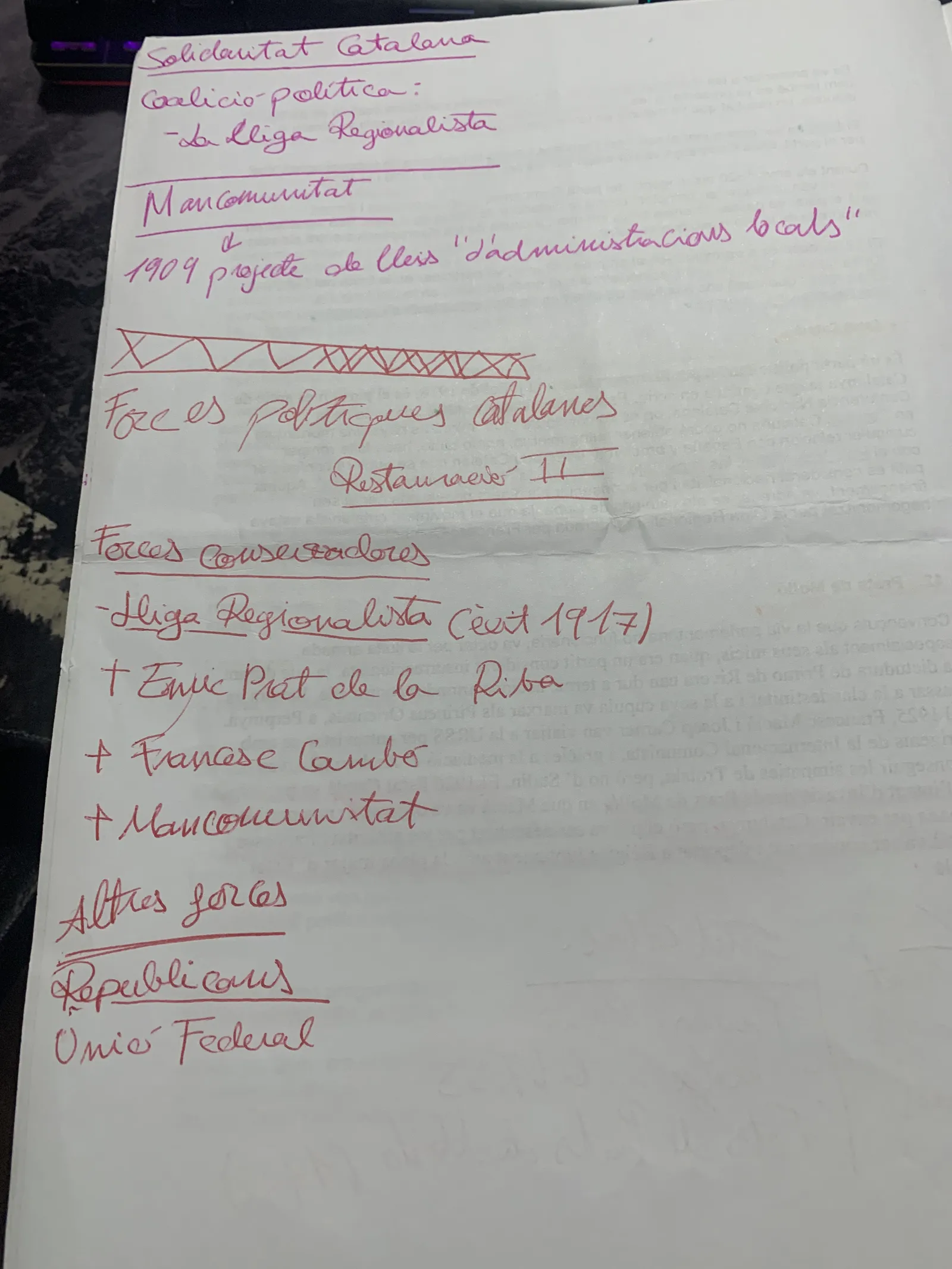 Esquema manuscrit de les forces polítiques catalanes durant la Restauració