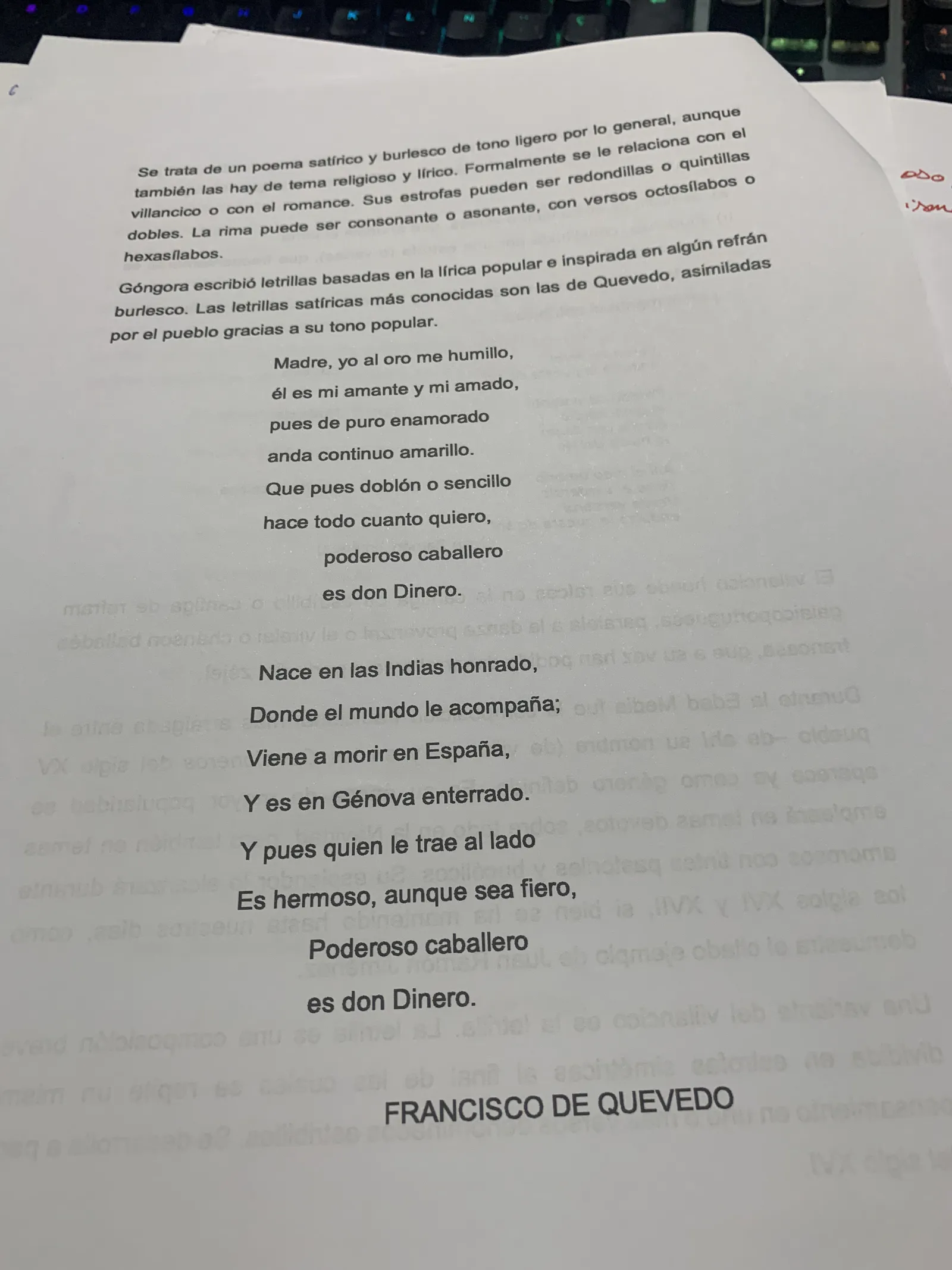 La letrilla satírica y «Poderoso caballero es don Dinero» de Francisco de Quevedo