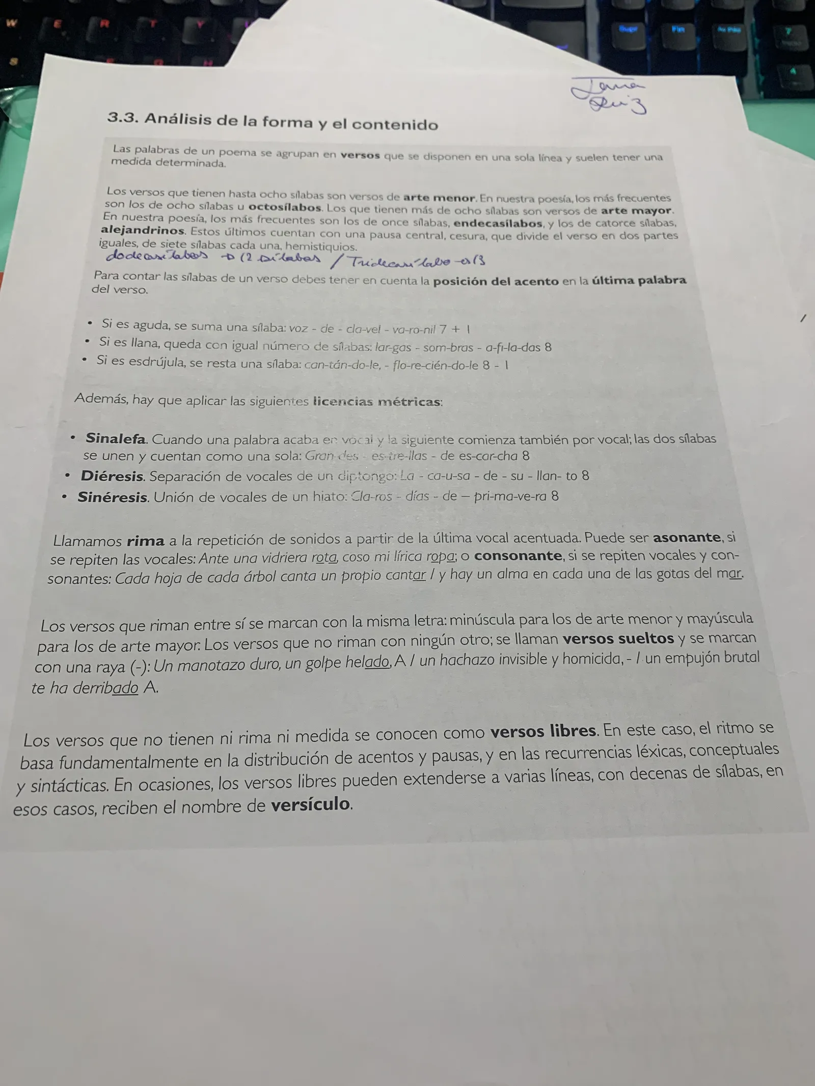 Métrica: arte mayor y menor, cómputo silábico, sinalefa, diéresis, sinéresis, rima y verso libre
