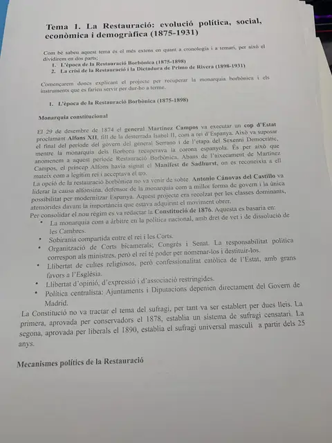 Tema 1 imprès: la Restauració borbònica, la Constitució de 1876 i els mecanismes polítics