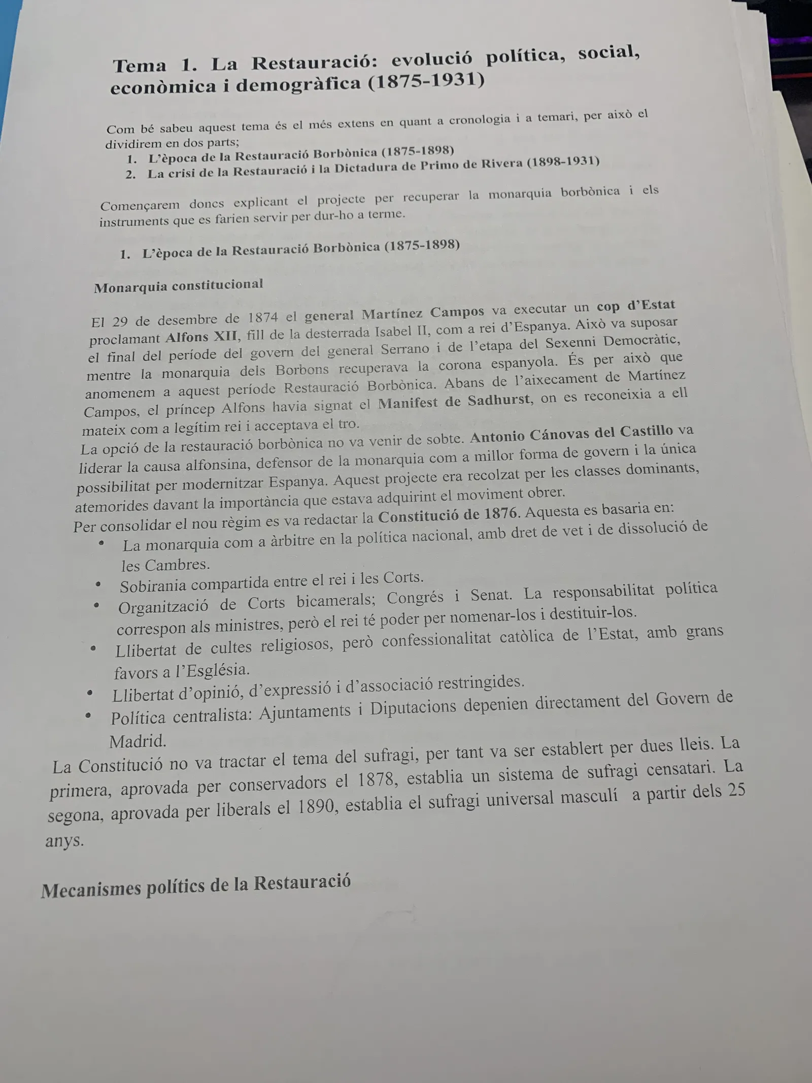 Tema 1 imprès: la Restauració borbònica, la Constitució de 1876 i els mecanismes polítics