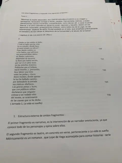 Comparación de un fragmento de Los pazos de Ulloa con otro de La vida es sueño: estructura externa y métrica