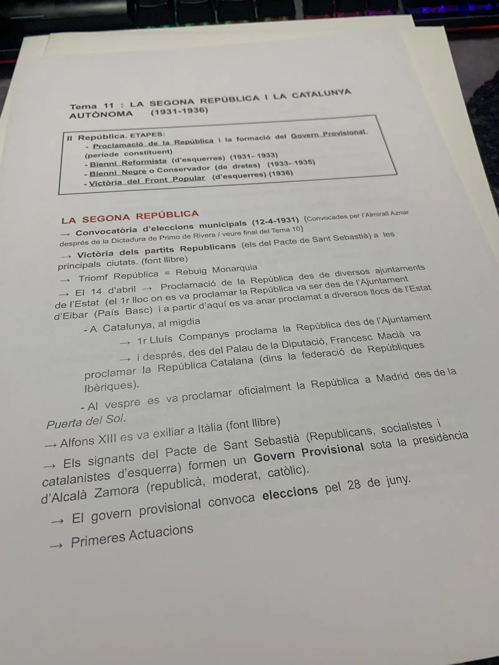 Tema 11: les etapes de la Segona República i la proclamació del 14 d'abril de 1931