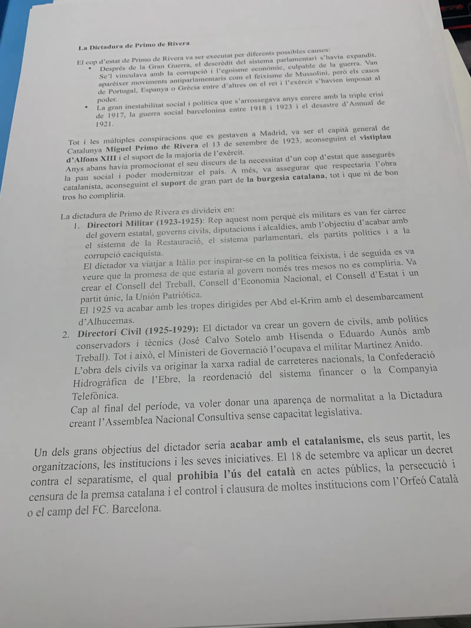 El cop d'estat de Primo de Rivera, el Directori Militar i el Directori Civil, i la prohibició del català
