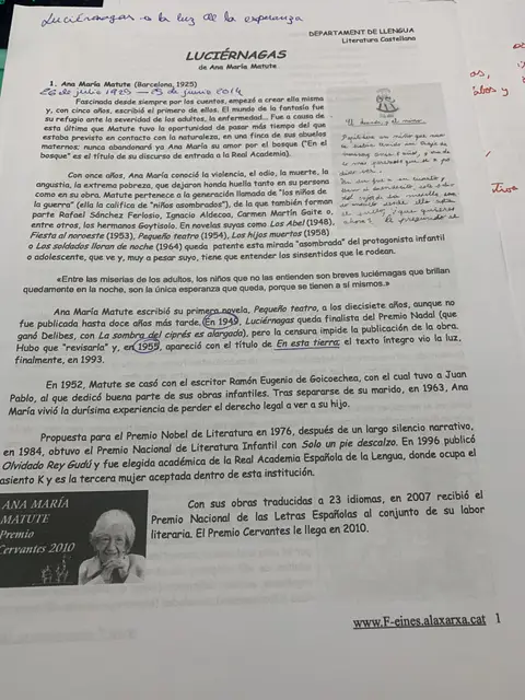 Dossier del departamento: biografía de Ana María Matute y contexto de Luciérnagas