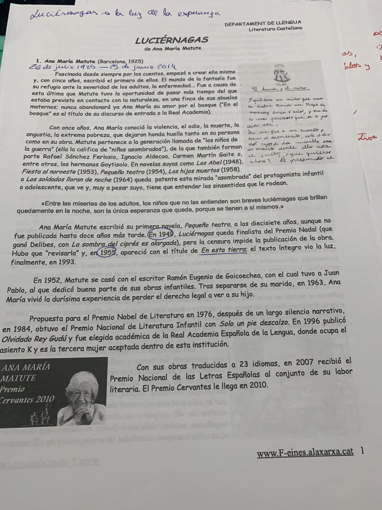 Dossier del departamento: biografía de Ana María Matute y contexto de Luciérnagas