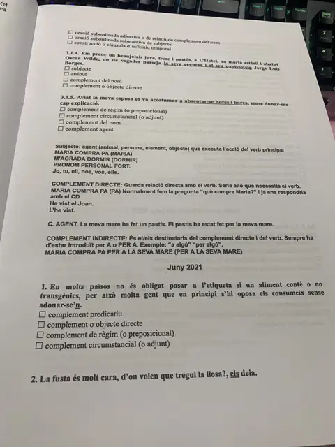 Recordatori de subjecte, complement directe, agent i indirecte, i preguntes de juny de 2021