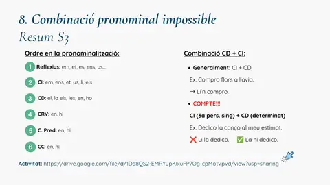 Resum: ordre de pronominalització i combinació CD+CI